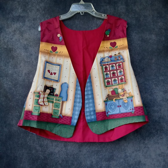 Sewing Quilting Vest Sleeveless Crafting Whimsy Button Details Colorful Sz. M/L - Picture 1 of 5